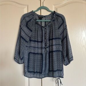 Lucky Brand sheer blue and white boho print tie waist tunic top size medium